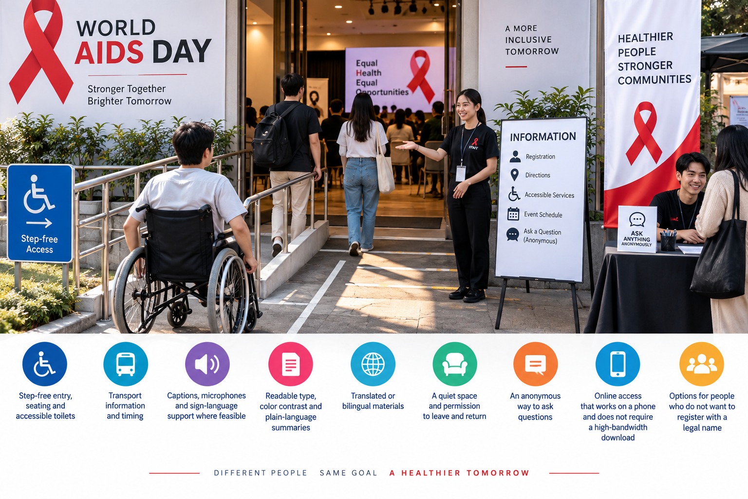 A World AIDS Day venue designed for accessibility, featuring step-free entry, wheelchair access, information points, clear signage, anonymous question options, and inclusive participation support.