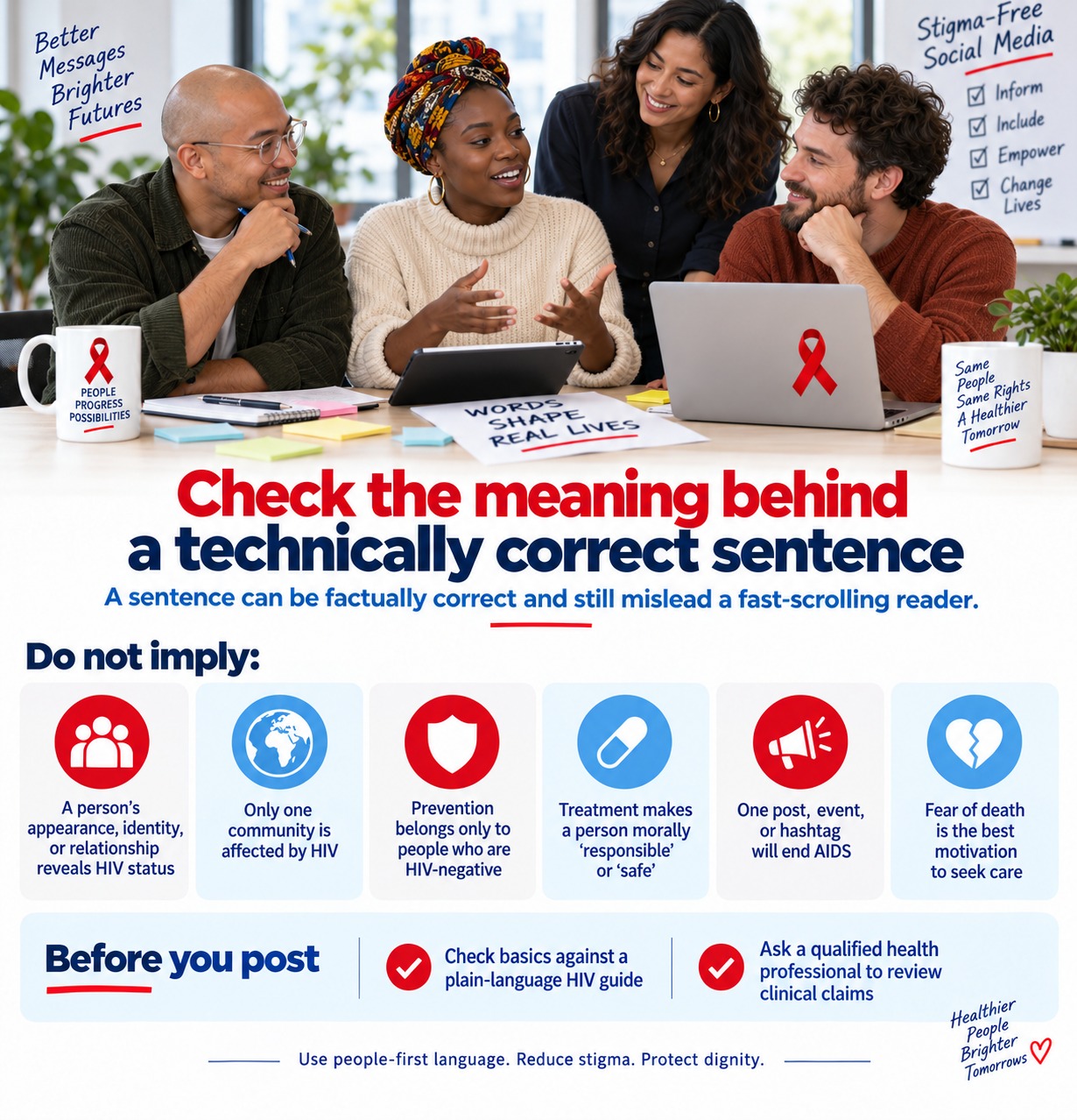 An infographic explaining that even factually correct statements can still mislead readers, so the meaning, language, and potential stigma should be reviewed before publishing